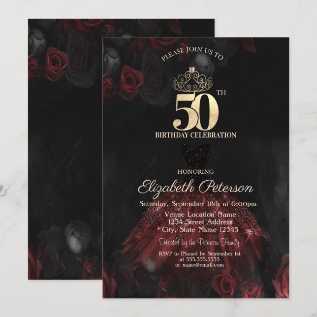  Dress,Tiara,Red Roses 50th Birthday Invitation (Front/Back)