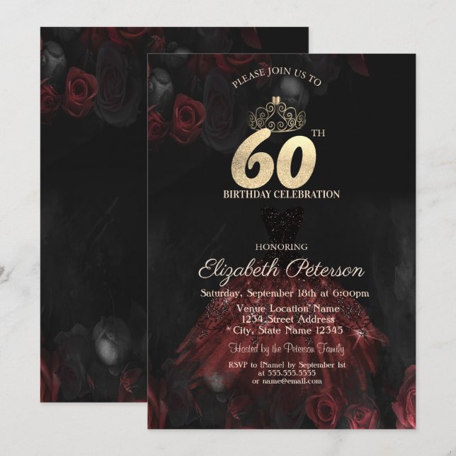  Dress,Tiara,Red Roses 60th Birthday Invitation (Front/Back)