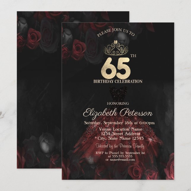  Dress,Tiara,Red Roses 65th Birthday Invitation (Front/Back)