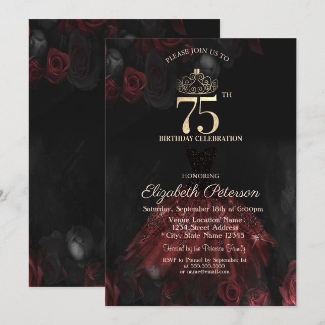  Dress,Tiara,Red Roses 75th Birthday Invitation (Front/Back)