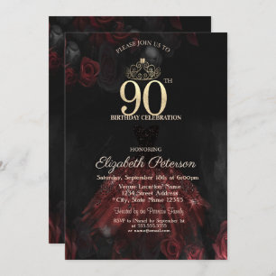 Dress,Tiara,Red Roses 90th Birthday Invitation