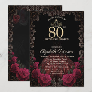  Dress,Tiara,Red Roses Gothic Frame 80th Birthday Invitation