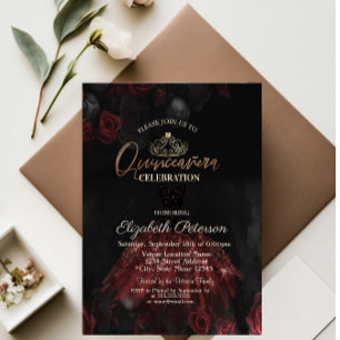 Dress,Tiara,Red Roses Quinceañera Invitation