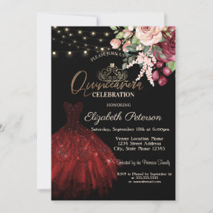 Dress,Tiara,String Lights Floral Black Quinceañera Invitation