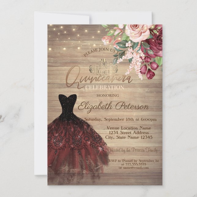 Dress, Tiara,String Lights Floral Wood Quinceañera Invitation (Front)