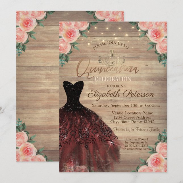 Dress, Tiara,String Lights Wood Roses Quinceañera Invitation (Front/Back)