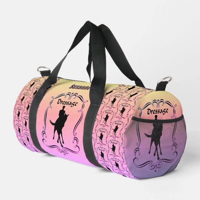 Dressage Horse And Rider Silhouette Personalized Duffle Bag (Right Corner)