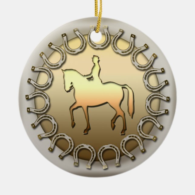 Dressage Horse Rider and Horseshoes Ceramic Ornament (Front)