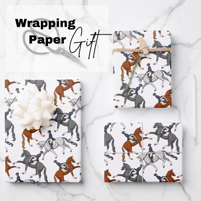 Dressage Horseback Riding Wrapping Paper Sheets (exquisite sheets featuring three majestic horses performing dressage trot in different colors)