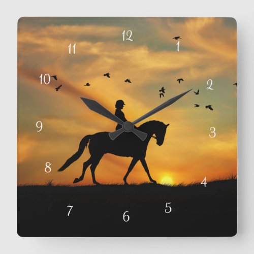 Dressage Rider and Horse in Sunset with Birds Square Wall Clock