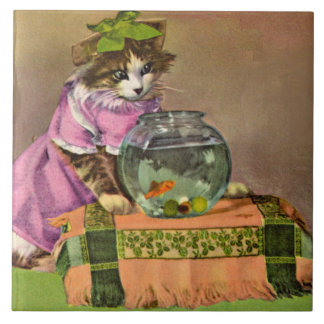 dressed cat and fish bowl ceramic tile