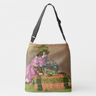 dressed cat and fish bowl crossbody bag
