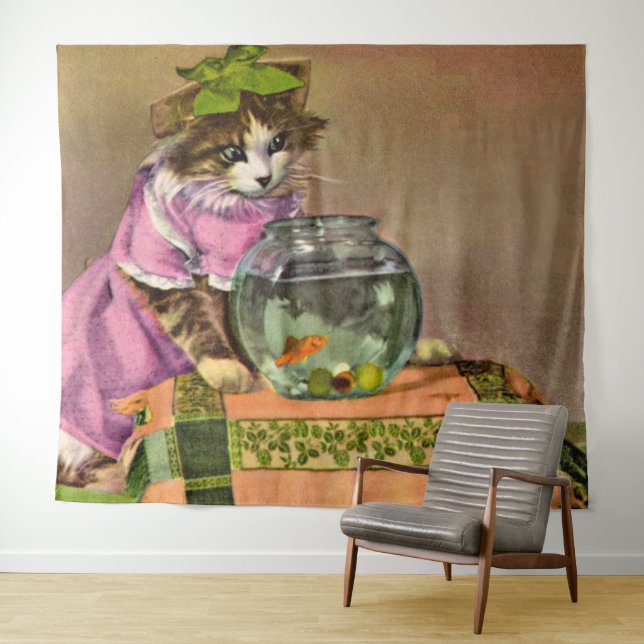 dressed cat and fish bowl tapestry (In Situ (Horizontal))