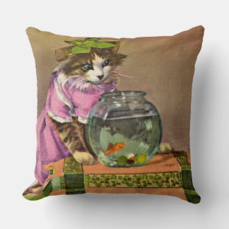 dressed cat and fish bowl throw pillow