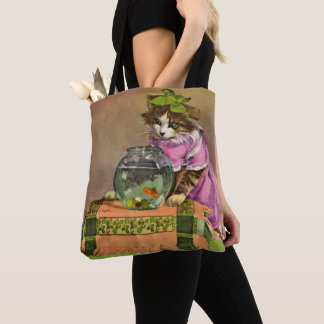 dressed cat and fish bowl tote bag