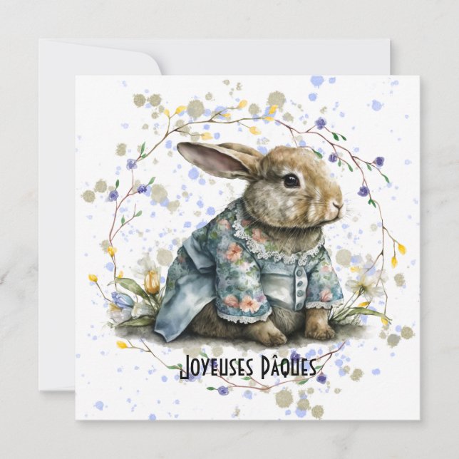 Dressed Easter Rabbit In Wreath of Flowers Holiday Card (Front)