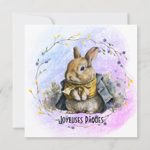 Dressed Easter Rabbit In Wreath of Flowers Holiday Card