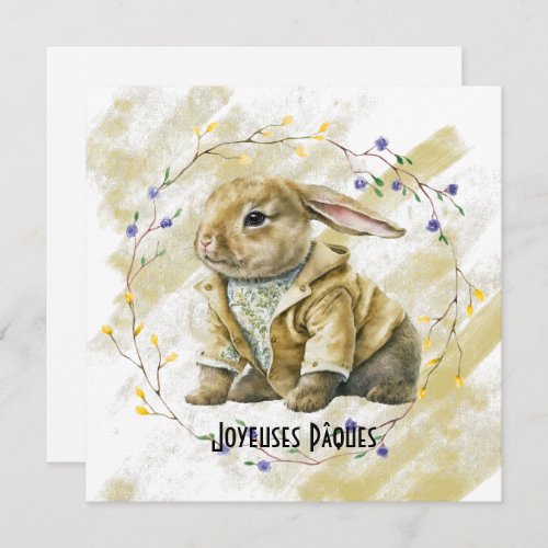 Dressed Easter Rabbit In Wreath of Flowers Holiday Card