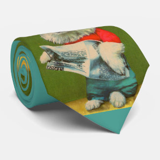 dressed puppy reading the newspaper print neck tie