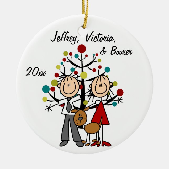 Dressed Up Couple With Dog Personalized Ornament (Front)
