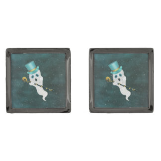 Dressed Up Fancy Ghost Blue Top Hat Skull Cane Cufflinks
