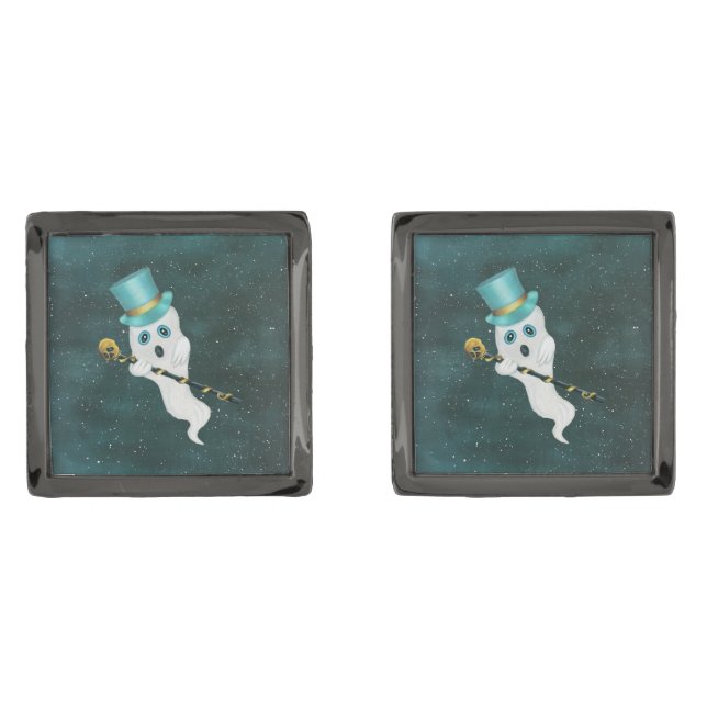 Dressed Up Fancy Ghost Blue Top Hat Skull Cane Cufflinks (Front)