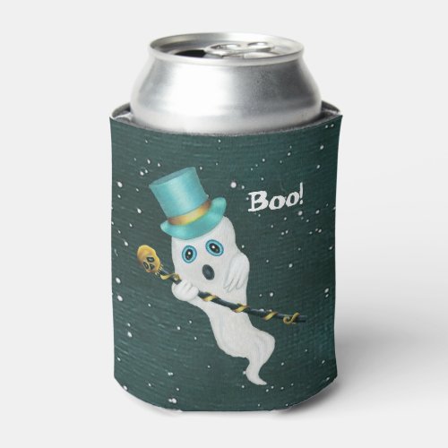 Dressed Up Ghost in Night Sky Top Hat Skull Cane Can Cooler
