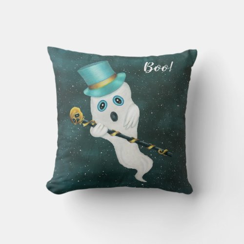 Dressed up Ghost in Night Sky Top Hat Skull Cane Throw Pillow