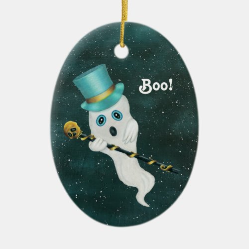 Dressed Up Ghost in Starry Night Sky Top Hat Skull Ceramic Ornament
