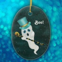 Dressed Up Ghost in Starry Night Sky Top Hat Skull Ceramic Ornament