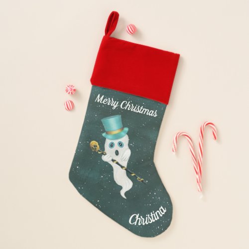 Dressed Up Ghost Night Sky Skull Cane Top Hat Christmas Stocking