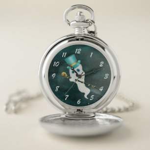 Dressed Up Ghost Top Hat Fancy Cane Skull in Sky Pocket Watch