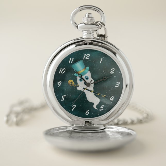 Dressed Up Ghost Top Hat Fancy Cane Skull in Sky Pocket Watch (Inside)