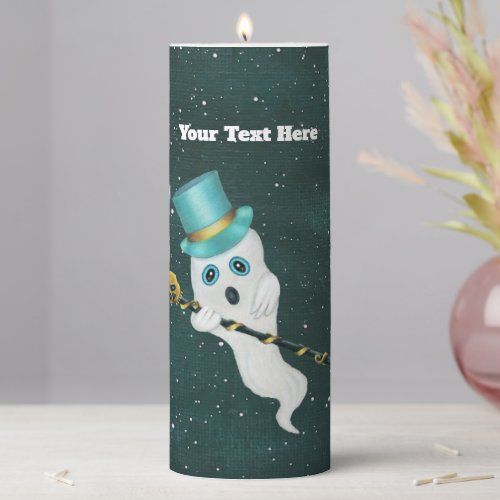 Dressed up Ghost Top Hat Skull Cane Night Sky Pillar Candle