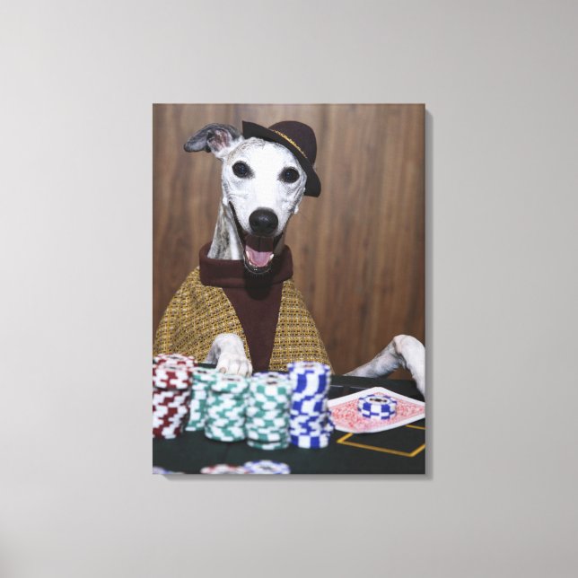 Dressed up Whippet dog at gambling table Canvas Print (Front)