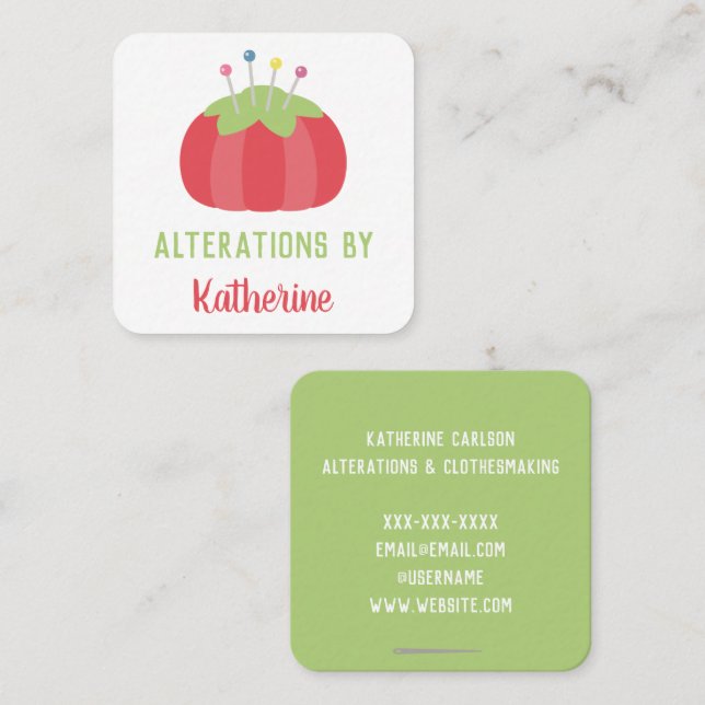 Dressmaker Pincushion Alterations Handmade Square Business Card (Front/Back)