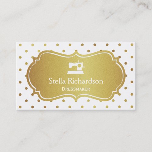 Dressmaker Seamstress Chic White Gold Polka Dots Business Card Template