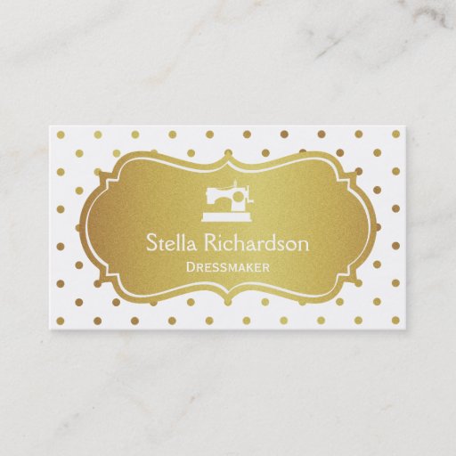 Customizable Dressmaker Seamstress Chic White Gold Polka Dots Business Card Template