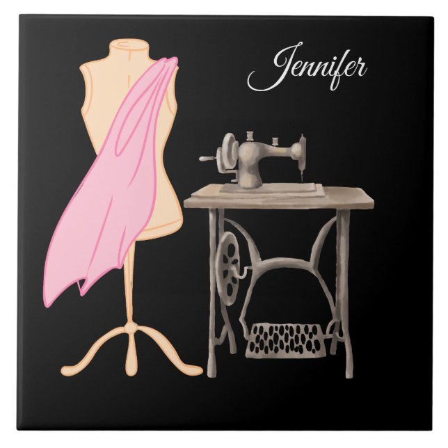 Dressmaker, Sewing Machine, Customizable Name Ceramic Tile (Front)
