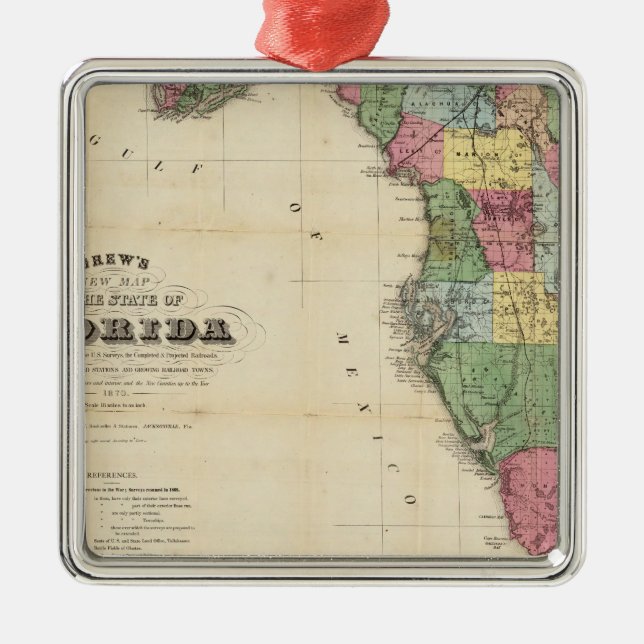 Drew's New Map Of The State Of Florida Metal Ornament (Front)