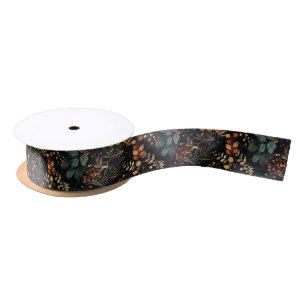 Dried Berries and Gold Colored Leaves Satin Ribbon