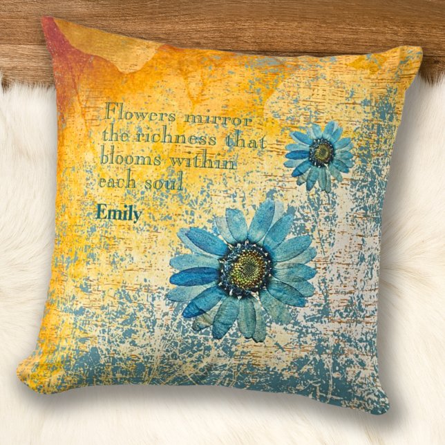 Dried Blue Daisies on Ochre Surface Flowers Quotes Throw Pillow (Creator Uploaded)
