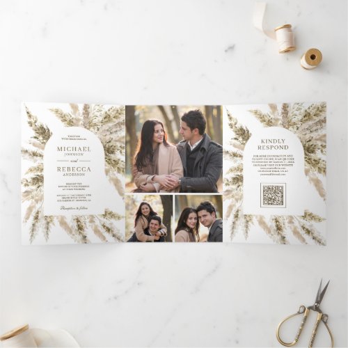 Dried Boho Pampas Grass Arch Photo QR Code Wedding Tri-Fold Invitation
