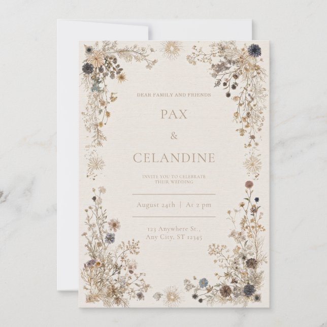 Dried Botanical Frame Gold Speckle Wedding Invitation (Front)