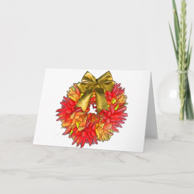 Dried Chili Pepper Wreath & Gold Bow Holiday Card (Front)
