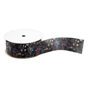 Dried Floral and Gold Colored Leaves Grosgrain Ribbon