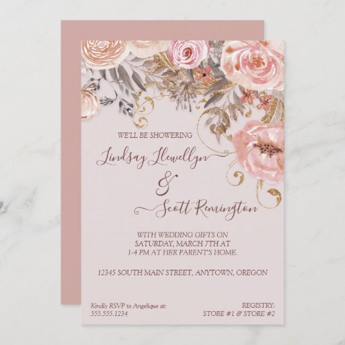 Dried Floral Boho Blush Rose Gold Bridal Shower Invitation