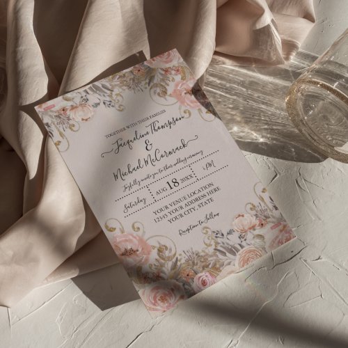 Dried Floral Boho Blush Rose Gold Wedding Details Invitation