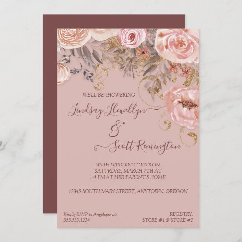 Dried Floral Boho Burgundy Rose Gold Bridal Shower Invitation