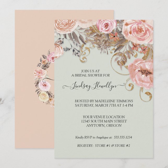 Dried Floral Boho Peach Rose Gold Bridal Shower Invitation (Front/Back)